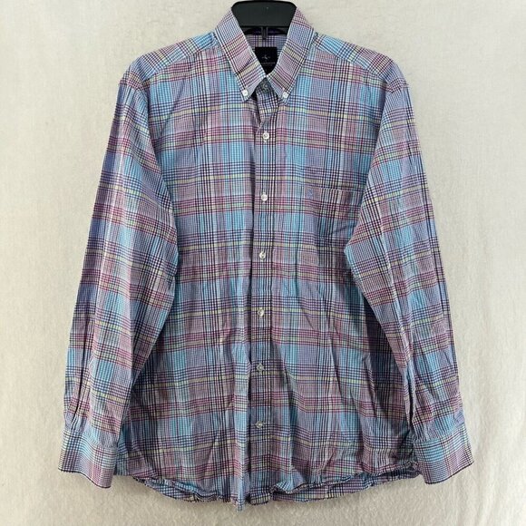 Tailorbyrd Button Down Shirt Men L Purple Blue Plaid Long Sleeve Collared Preppy - Picture 1 of 12